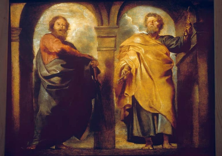 Peter Paul Rubens Die Apostel Petrus und Paulus Kunstkopie, zwei Apostel unter Rundbögen, Petrus in Gelb mit Schlüsseln