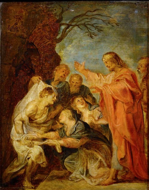 Peter Paul Rubens Die Auferweckung des Lazarus Kunstkopie, Christus im roten Mantel und Lazarus im Leichentuch