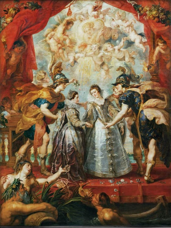 Peter Paul Rubens Auswechslung der Prinzessinnen von Frankreich und Spanien Kunstkopie, zwei Prinzessinnen zwischen Rittern