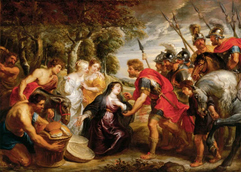 Peter Paul Rubens Die Begegnung von David und Abigail Kunstkopie, kniende Frau vor bewaffnetem Heer und Geschenkkörben