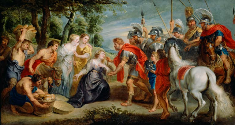 Peter Paul Rubens David und Abigail Kunstkopie, kniende Frau vor dem Feldherrn in rotem Mantel mit Reitern und Brotkörben