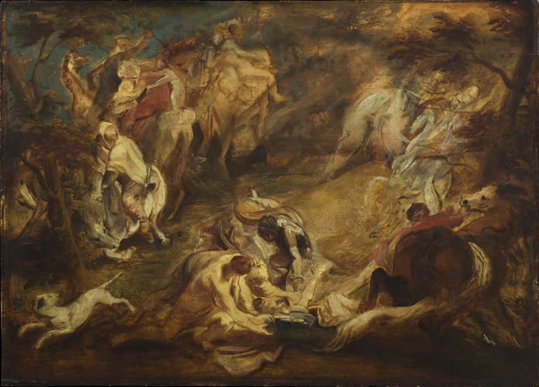 Peter Paul Rubens Die Bekehrung des Apostels Paulus, London, kleine Fassung Kunstkopie, Reiter und Pferde im Wald