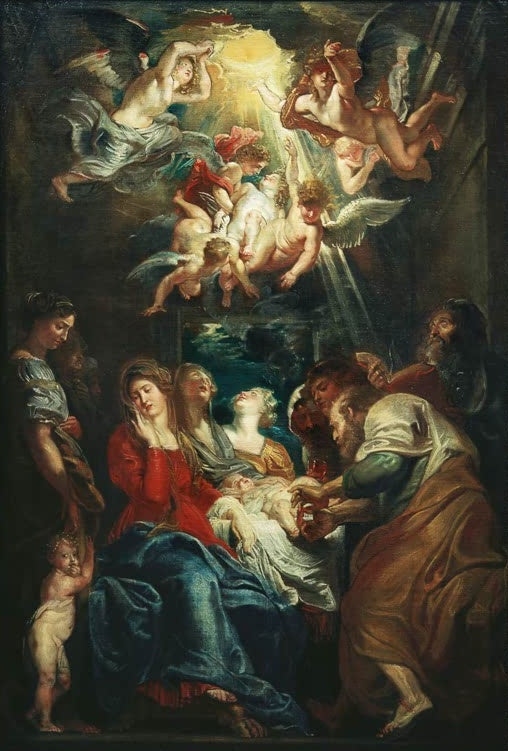 Peter Paul Rubens Die Beschneidung Christi Kunstkopie, Maria in Rot und Blau unten, Engelschar im Strahlenlicht oben