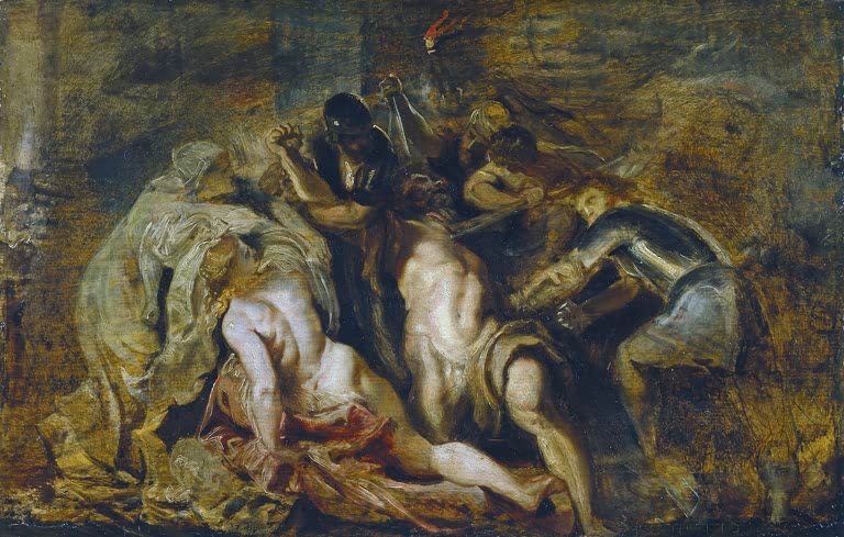 Peter Paul Rubens Die Blendung Simsons Kunstkopie, Held am Boden von Soldaten in Rüstung überwältigt im Fackelschein