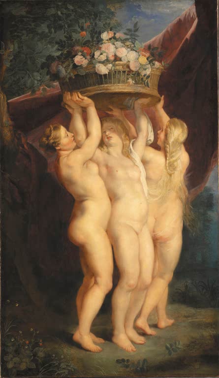 Peter Paul Rubens Die drei Grazien mit dem Rosenkorb Kunstkopie, drei Frauengestalten tragen einen Korb voller Rosen
