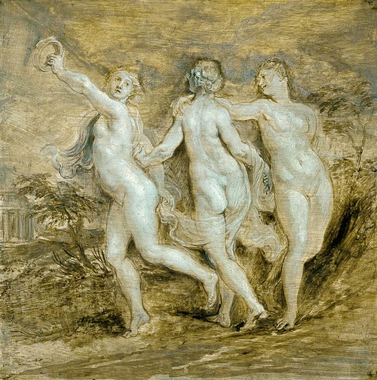 Peter Paul Rubens Die drei Grazien Kunstkopie, tanzende Göttinnen in ockerfarbener Ölskizze mit Tamburin und Tempel
