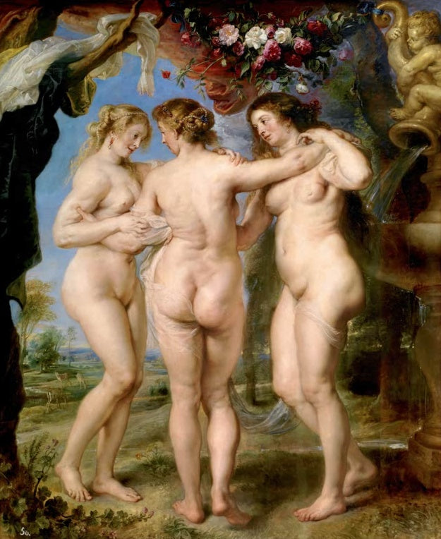 Peter Paul Rubens Die drei Grazien Kunstkopie, drei Frauen im Reigen unter Blumengirlande neben einem Brunnen