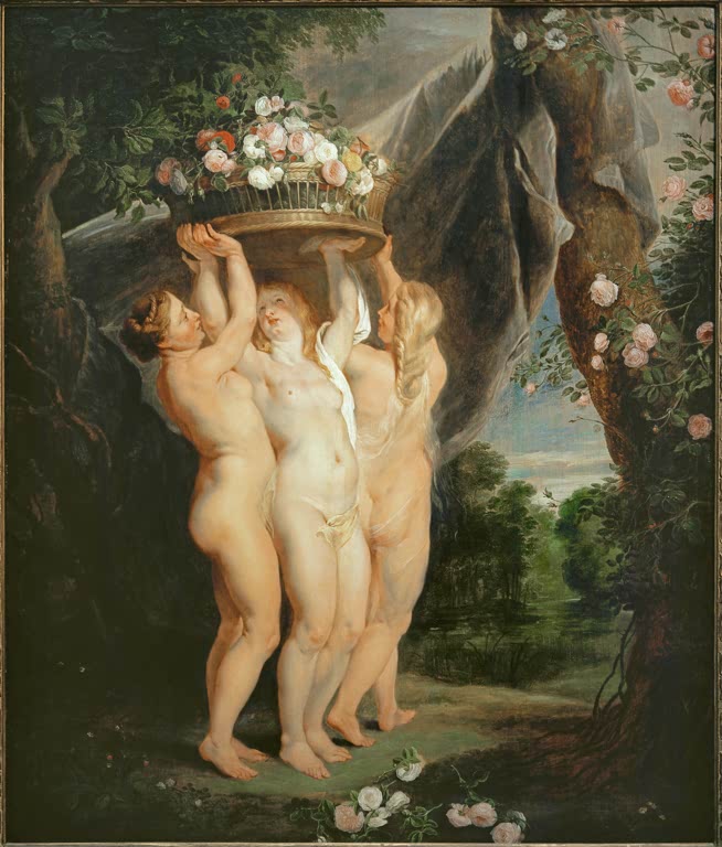 Peter Paul Rubens Die drei Grazien Kunstkopie, drei Göttinnen tragen einen Blumenkorb vor Rosenbaum und Landschaft