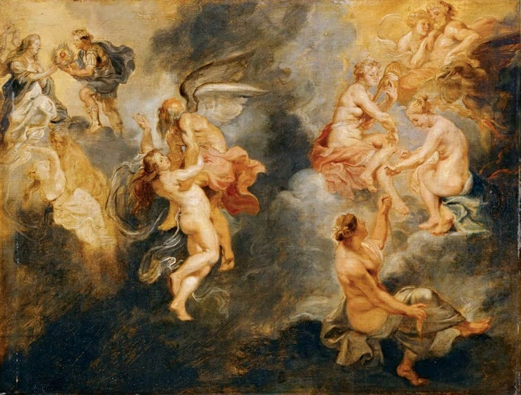 Peter Paul Rubens Die drei Parzen Kunstkopie, Ölskizze mit schwebenden Schicksalsgöttinnen und Chronos in dunklen Wolken