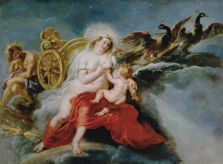 Peter Paul Rubens Die Entstehung der Milchstraße Kunstkopie, Juno stillt den kleinen Herkules, Pfauen und Sterne