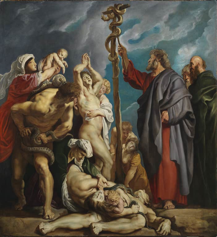 Peter Paul Rubens Die Erhöhung der Ehernen Schlange Kunstkopie, Mose mit Stab und Schlange, Menschen im Kampf mit Schlangen