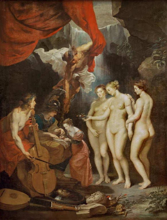 Peter Paul Rubens Die Erziehung der Maria von Medici Kunstkopie, Mädchen mit Minerva und Apollo, drei Grazien am Wasserfall