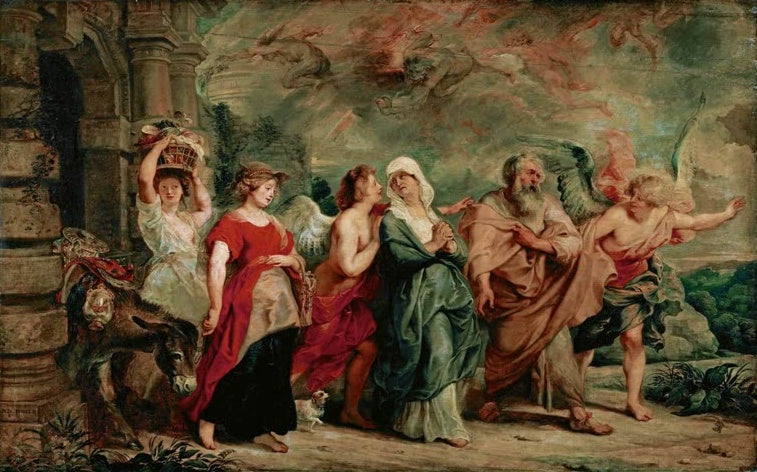 Peter Paul Rubens Die Flucht Lots und seiner Familie aus Sodom Kunstkopie, Lot, Frau, Töchter und Engel unter rotem Himmel