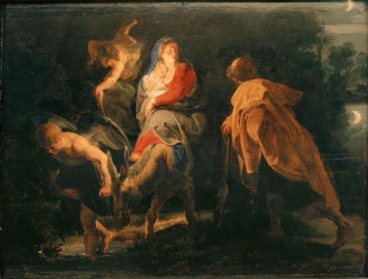Peter Paul Rubens Die Flucht nach Ägypten Kunstkopie, Maria mit Kind auf dem Esel, Josef und Engel in Mondnacht