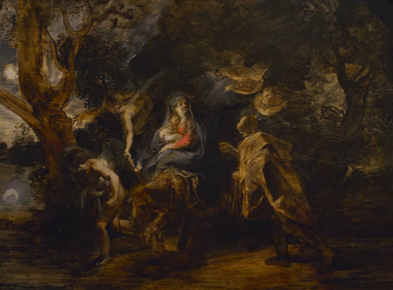 Peter Paul Rubens Die Flucht nach Ägypten Kunstkopie, Maria mit Kind auf dem Esel, Josef und Engel im nächtlichen Wald