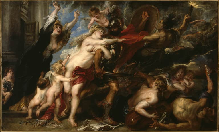 Peter Paul Rubens Die Folgen des Krieges Kunstkopie, Mars stürmt hinaus, Venus hält ihn zurück, Furien und trauernde Frau