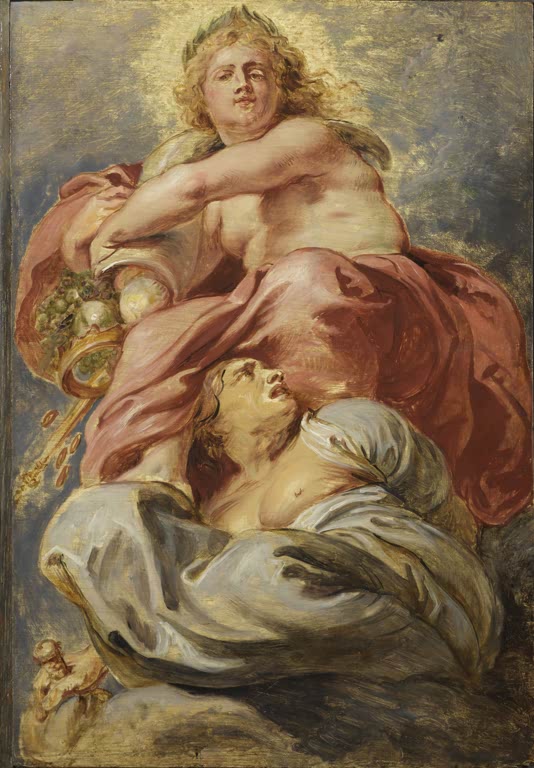 Peter Paul Rubens Die Freigebigkeit Jakobs I. triumphiert über den Geiz, Ölskizze Kunstkopie, gekrönte Allegorie mit Füllhorn
