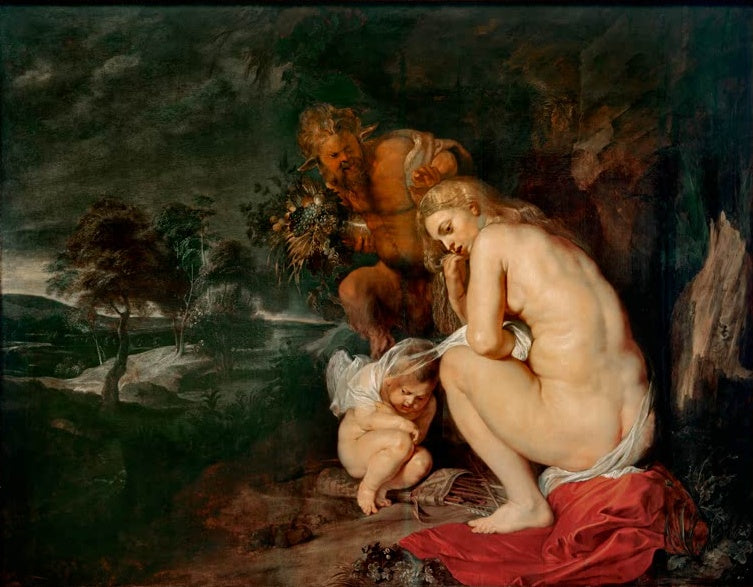 Peter Paul Rubens Die frierende Venus Kunstkopie, kauernde Göttin mit Amor und einem Satyr vor stürmischer Landschaft