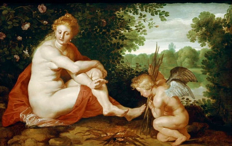 Peter Paul Rubens Die frierende Venus Kunstkopie, sitzende Göttin am kleinen Feuer, davor Amor mit Reisig vor grünem Laub