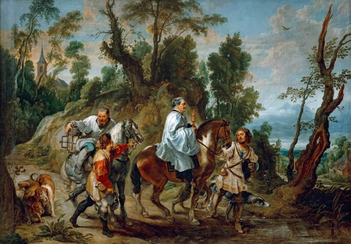 Peter Paul Rubens Die Frömmigkeit Rudolfs I. von Habsburg Kunstkopie, Priester zu Pferd mit Begleitern auf einem Waldweg
