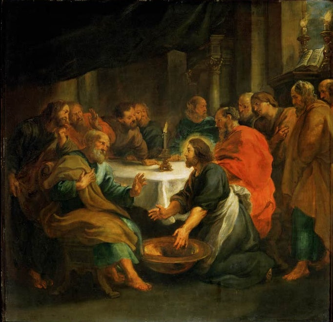 Peter Paul Rubens Die Fußwaschung Kunstkopie, Christus kniet vor Petrus am gedeckten Tisch, umgeben von den Jüngern