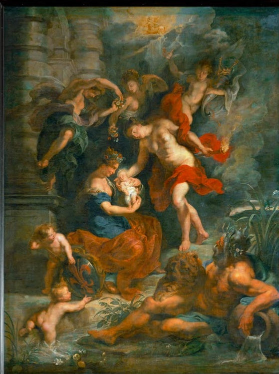 Peter Paul Rubens Die Geburt der Königin Maria de’ Medici Kunstkopie, Neugeborenes im Arm, Göttinnen, Putten und Flussgott