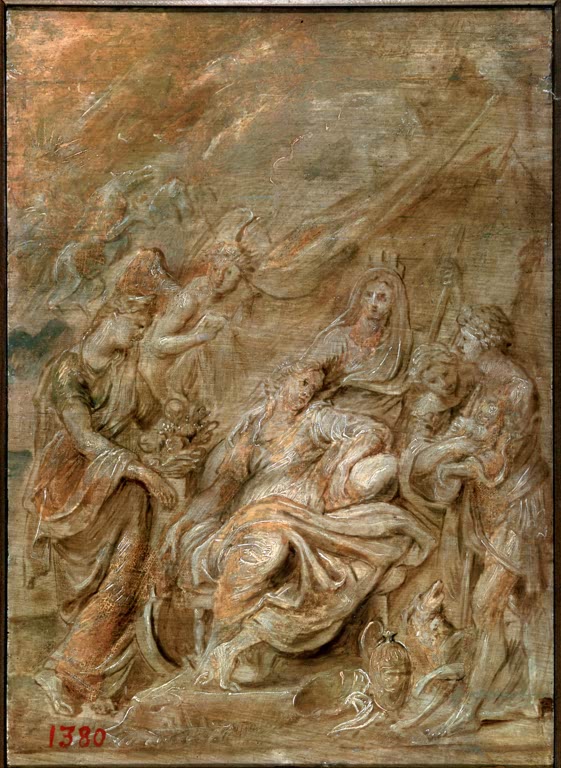 Peter Paul Rubens Die Geburt des Dauphins Ludwig XIII. Kunstkopie, Königin mit Kind und Begleitern in Braun