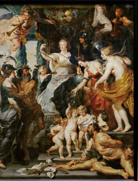Peter Paul Rubens Die glückliche Regierung der Maria von Medici Kunstkopie, Königin auf Thron mit Waage, Putten auf Stufen