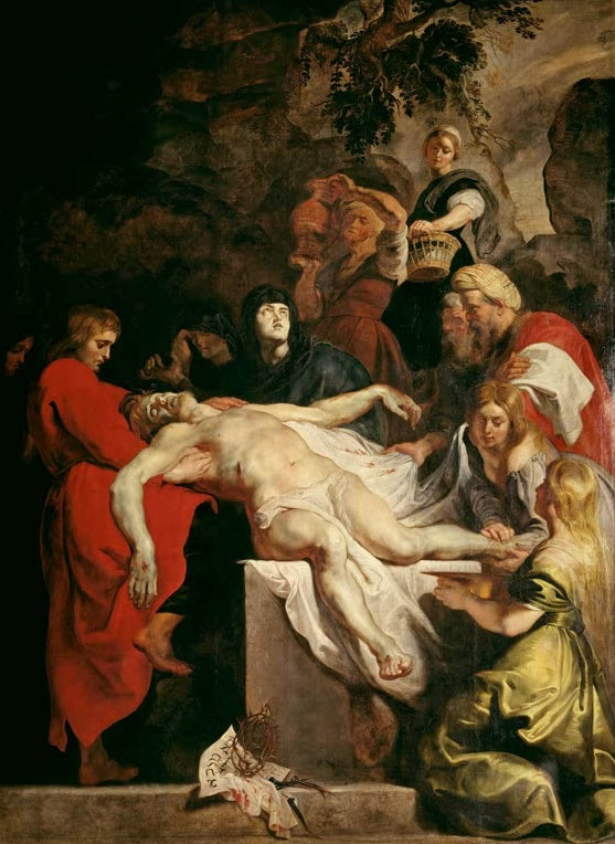 Peter Paul Rubens Die Grablegung Christi, Cambrai Kunstkopie, Christi Leichnam am Sarkophag, Frauen und Johannes