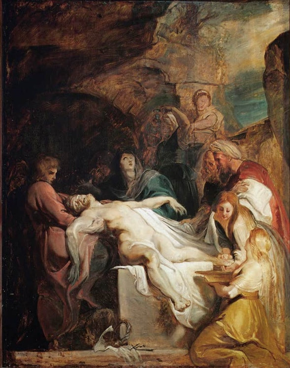 Peter Paul Rubens Die Grablegung Christi, Ölskizze für Cambrai Kunstkopie, Skizze der Grablegung mit Trägern und Frauen