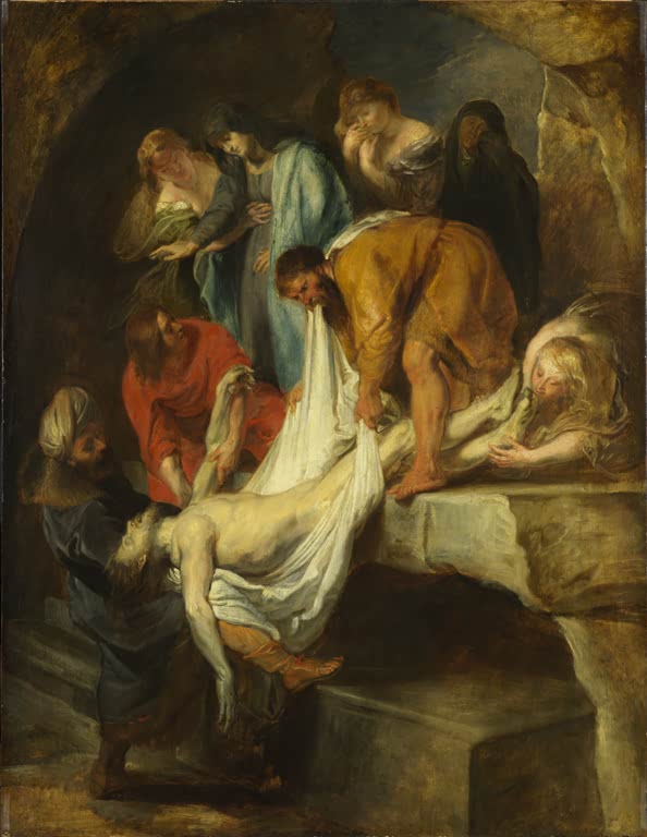Peter Paul Rubens Die Grablegung Christi, Ölskizze in London Kunstkopie, Männer und Frauen senken den Leichnam ins Grab