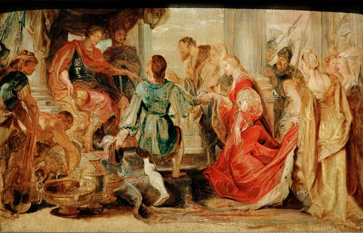 Peter Paul Rubens Die Großmut des Scipio Kunstkopie, Feldherr auf dem Thron, davor eine Frau in Rot und ein kniender Mann