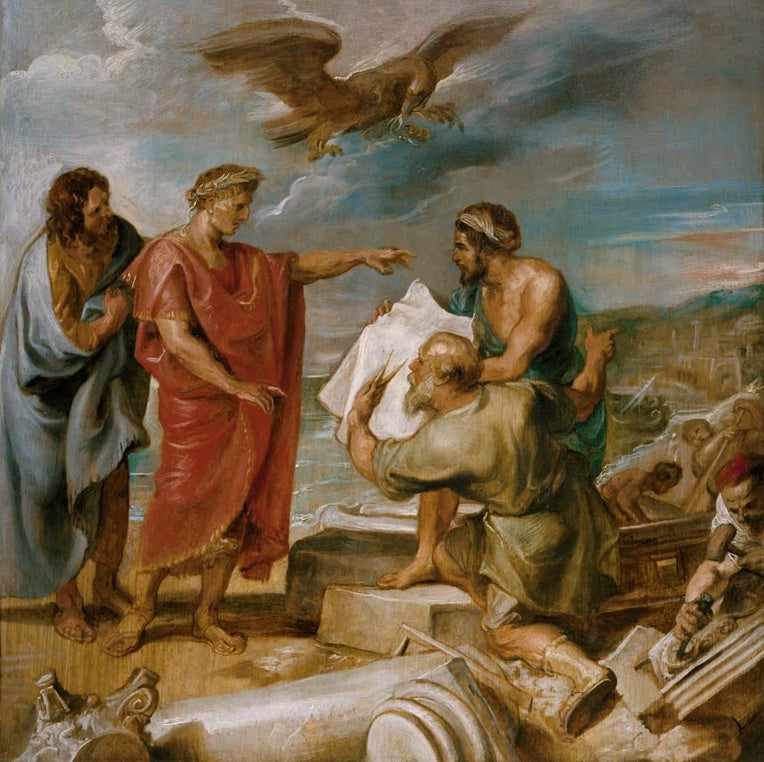 Peter Paul Rubens Die Gründung von Konstantinopel, Ölskizze Kunstkopie, Kaiser, Baumeister und Adler über Säulenresten