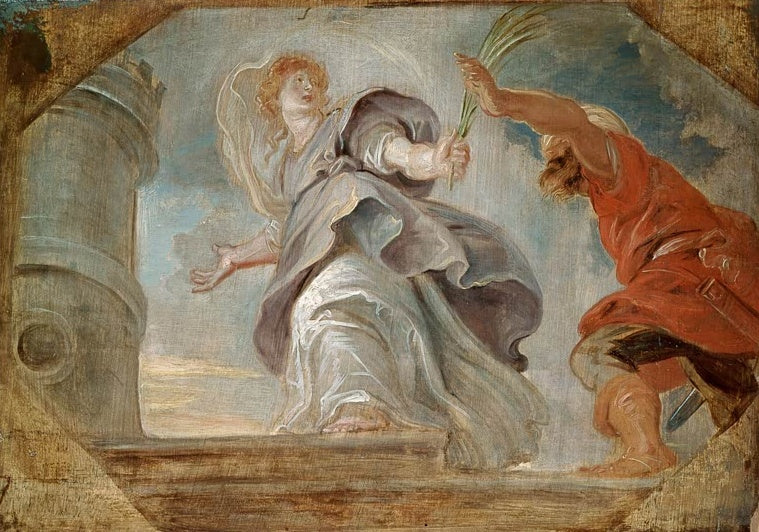 Peter Paul Rubens Die heilige Barbara flieht vor ihrem Vater Kunstkopie, Heilige mit Palmzweig vor einem Turm und Verfolger