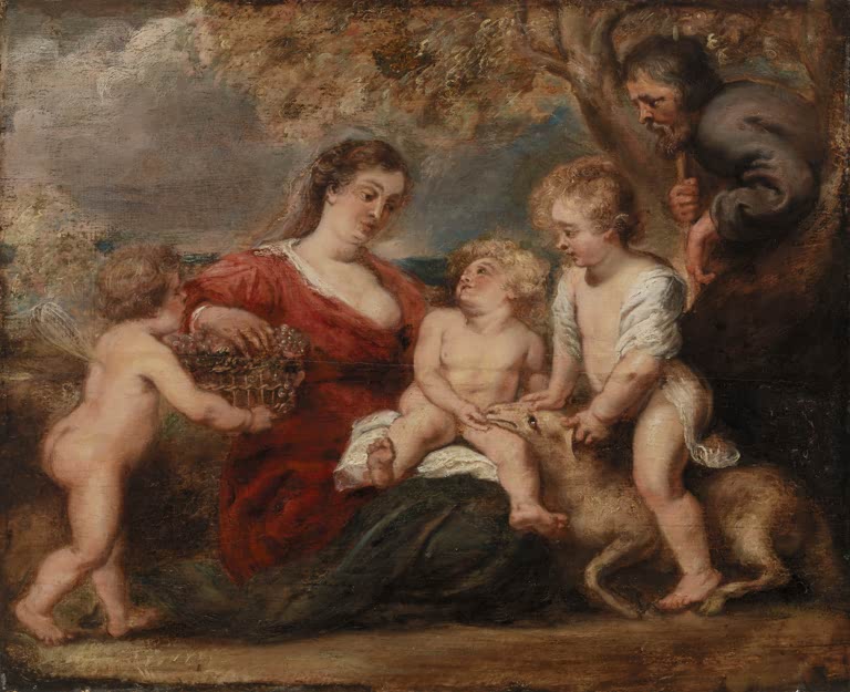 Peter Paul Rubens Die Heilige Familie mit Johannesknaben Kunstkopie, Maria in Rot mit Jesuskind, Lamm, Engel und Josef