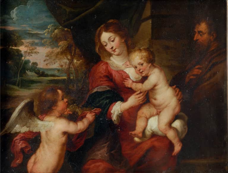 Peter Paul Rubens Die Heilige Familie Kunstkopie, Maria mit Kind, Josef und ein Engel mit Traubenkorb vor Landschaft