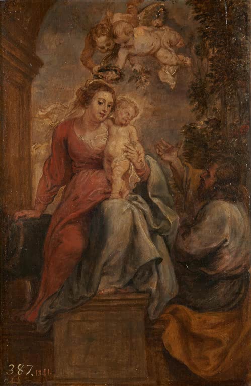 Peter Paul Rubens Die Heilige Familie mit zwei Engeln Kunstkopie, Maria mit Kind, Josef und Putten mit Kranz