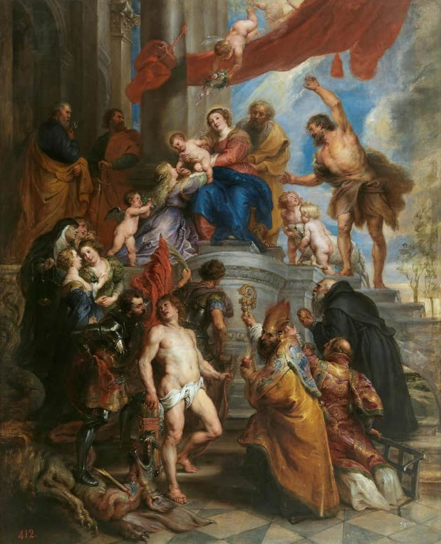 Peter Paul Rubens Die Heilige Familie, umgeben von Heiligen Kunstkopie, thronende Maria mit Kind und zahlreiche Figuren