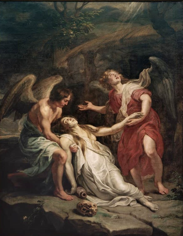 Peter Paul Rubens Die heilige Maria Magdalena in Ekstase Kunstkopie, Büßerin von zwei Engeln gestützt, Totenschädel