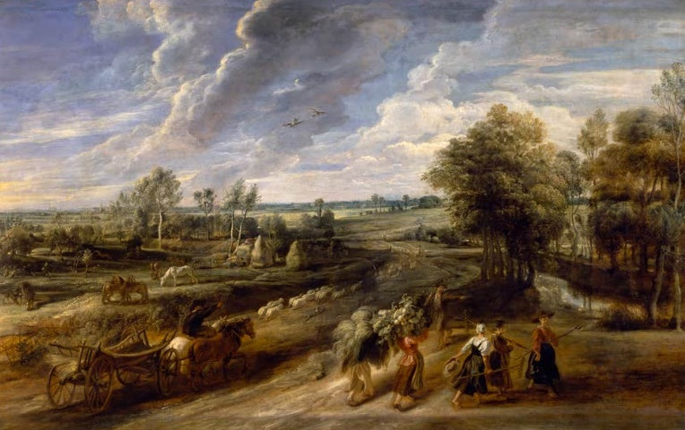 Peter Paul Rubens Die Heimkehr der Bauern vom Felde Kunstkopie, Bauern mit Reisig, Fuhrwerk und Schafe unter Wolkenhimmel