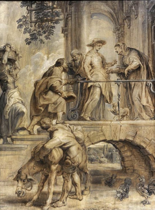 Peter Paul Rubens Die Heimsuchung Kunstkopie, Maria und Elisabeth auf einer Brücke, Esel und Hahn im Vordergrund