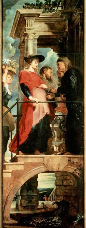 Peter Paul Rubens Die Heimsuchung Mariä Kunstkopie, Maria in rotem Gewand begrüßt Elisabeth auf einer Terrasse mit Pfau