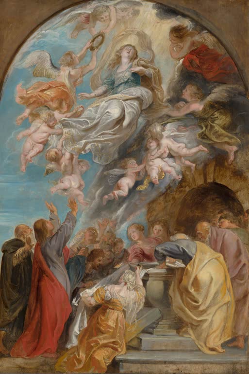 Peter Paul Rubens Die Himmelfahrt Mariens Kunstkopie, Maria in silbrigem Gewand von Engeln getragen über den Aposteln