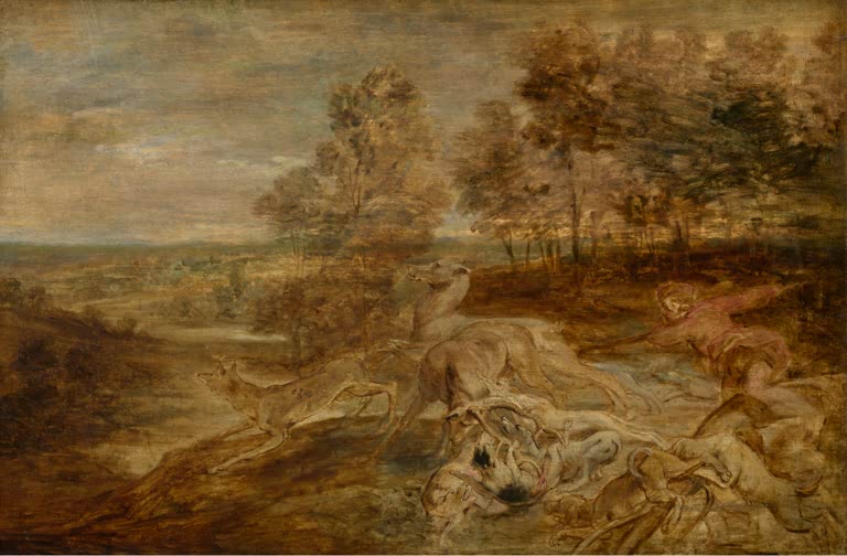 Peter Paul Rubens Die Hirschjagd Kunstkopie, Hunde und ein Jäger in roter Kleidung in bewaldeter Hügellandschaft