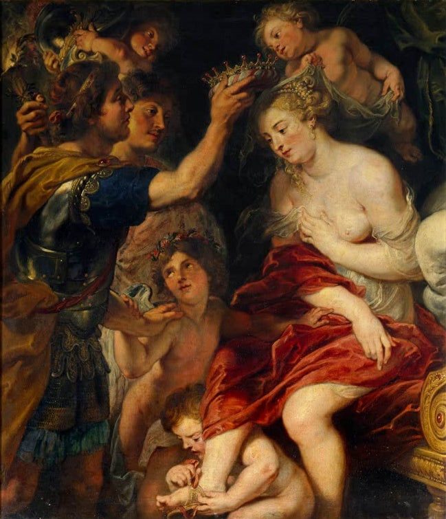 Peter Paul Rubens Hochzeit Alexanders des Großen mit Roxane Kunstkopie, Krieger krönt Braut, umgeben von Amoretten