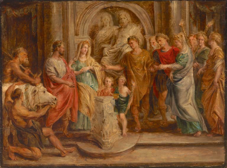 Peter Paul Rubens Die Hochzeit Konstantins Kunstkopie, Paare in antiker Tracht vor einem Altar, links ein Opferstier