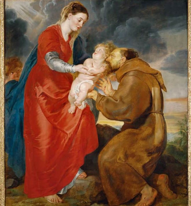Peter Paul Rubens Die Jungfrau erscheint dem heiligen Franziskus Kunstkopie, Maria in Rot reicht das Kind dem Mönch