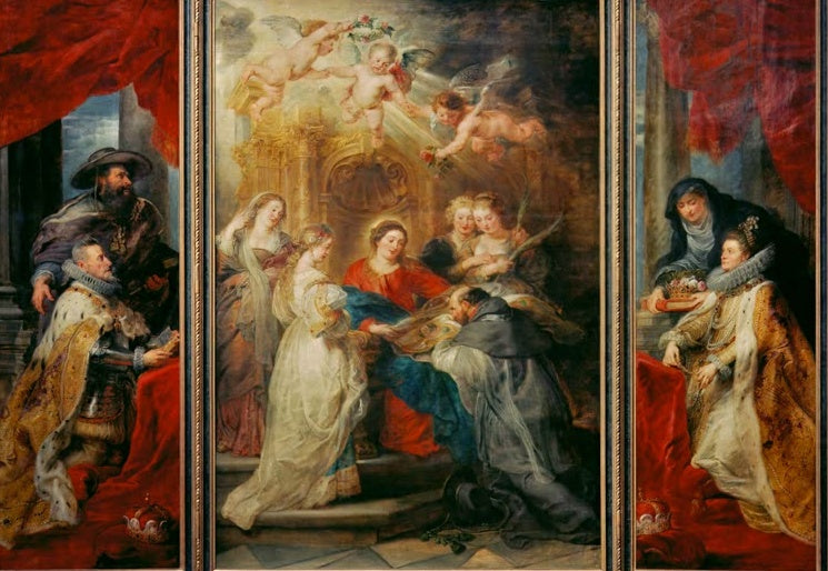 Peter Paul Rubens Die Jungfrau erscheint dem heiligen Ildefonso Kunstkopie, geöffnetes Triptychon mit Stifterbildnissen