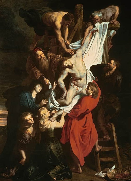 Peter Paul Rubens Die Kreuzabnahme Kunstkopie, Christus im weißen Tuch wird von Jüngern und Frauen vom Kreuz herabgelassen
