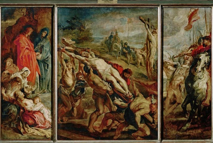 Peter Paul Rubens Die Kreuzaufrichtung Kunstkopie, Triptychon-Skizze mit Kreuzaufrichtung, trauernden Frauen und Reiter